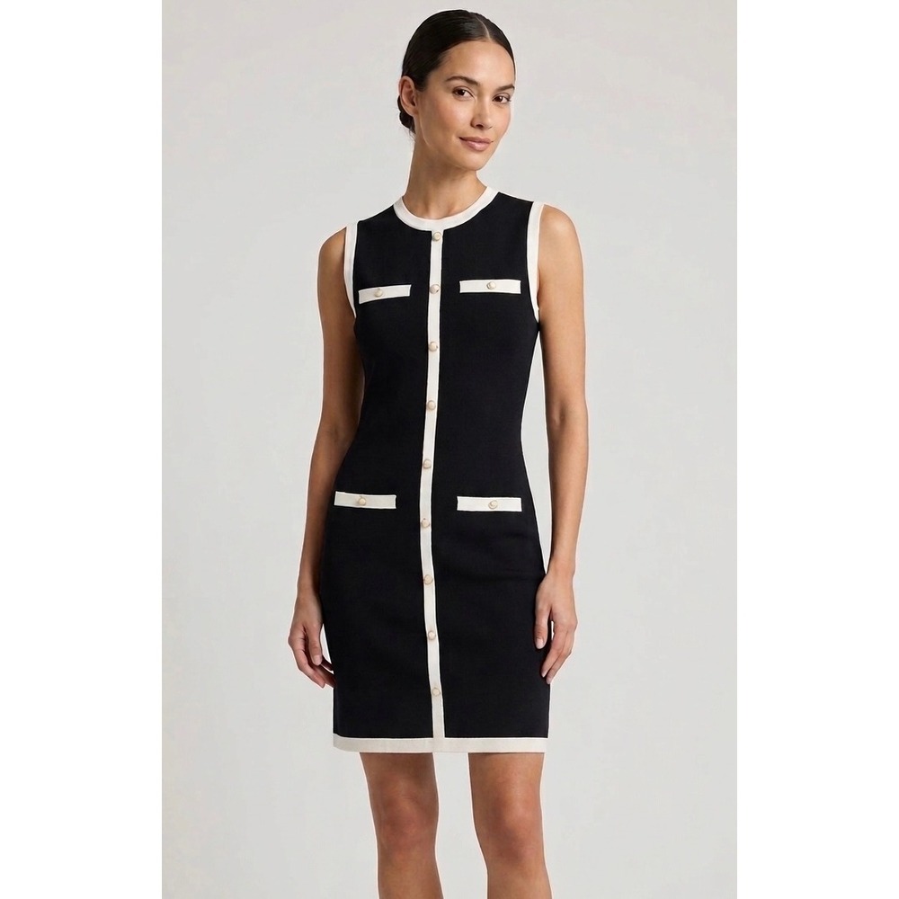 Sincerely Jules Knit Shift Dress Womens S Black White Contrast Pearl Button Trim